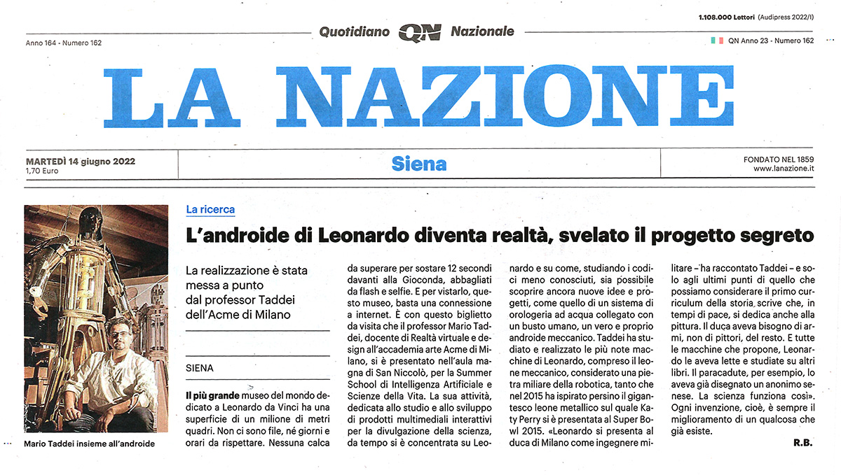 2022 06 14 press La Nazione - Leonardo da Vinci ACADEMY Mario Taddei Articolo Androide Siena 1200